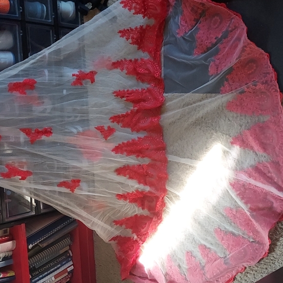 Red & beige sheer and lace formal mermaid prom dress - Picture 4 of 6